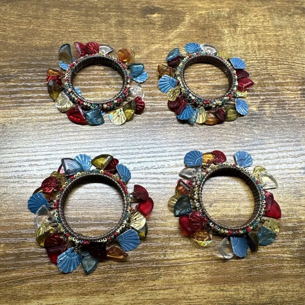 Vintage Bohemian Beaded Napkin Rings Holders Set‎ Of 4 Eclectic Colorful Unique